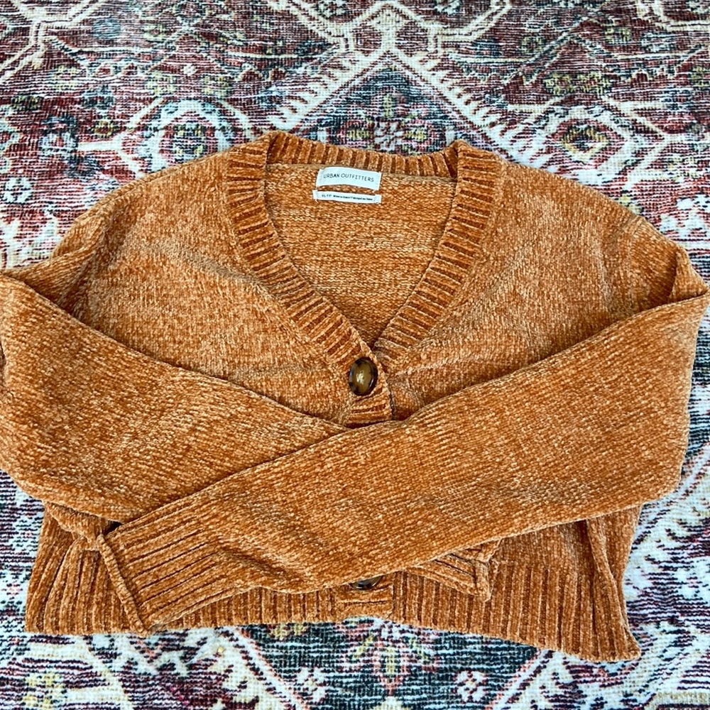 urban outfitters chenille cropped button up sweater